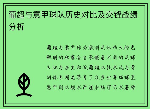 葡超与意甲球队历史对比及交锋战绩分析