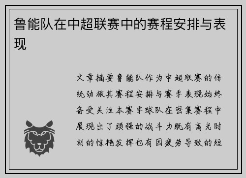 鲁能队在中超联赛中的赛程安排与表现